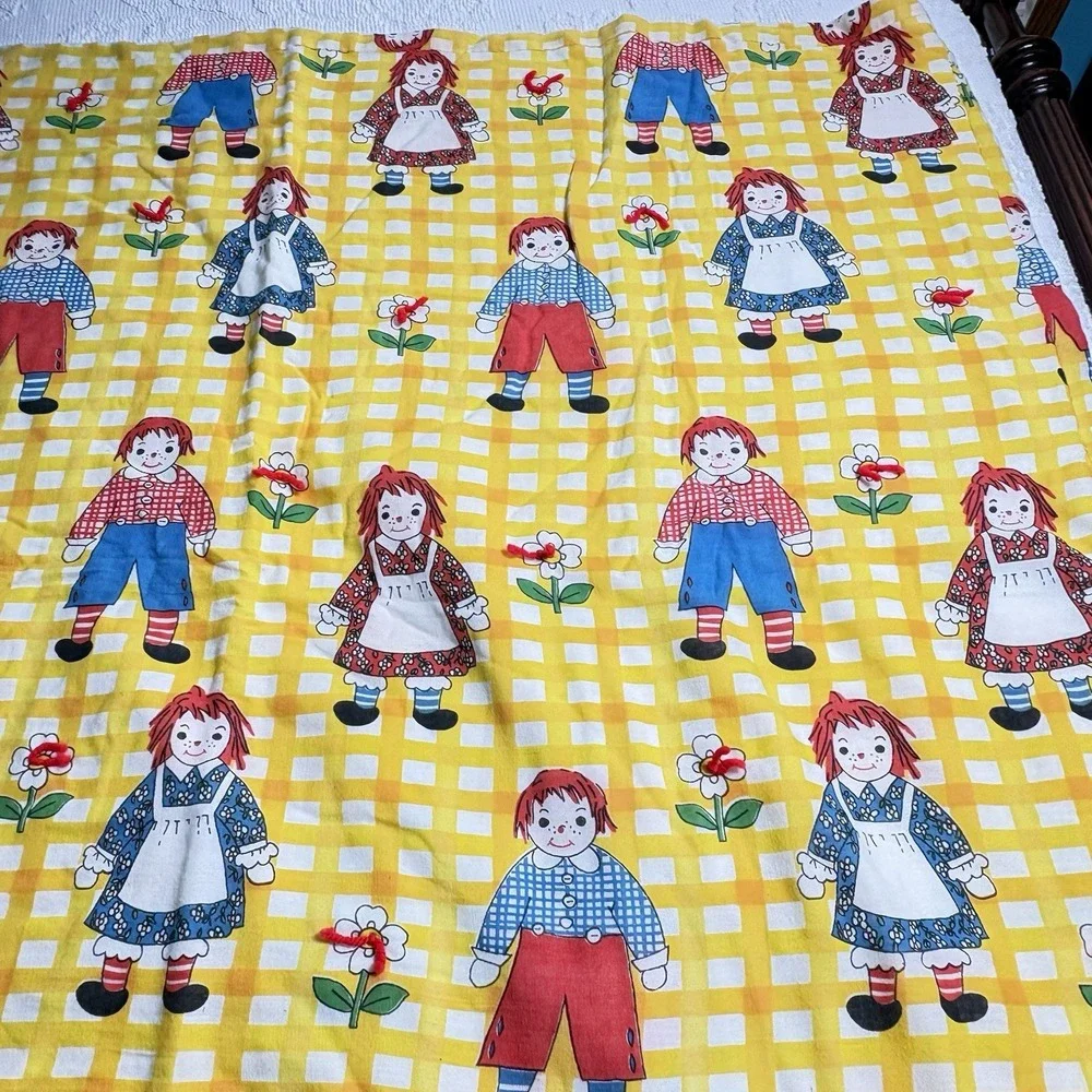 Raggedy Ann Andy Quilt Top Cover Crib Lap Colorful Yellow Gingham 45 X 40